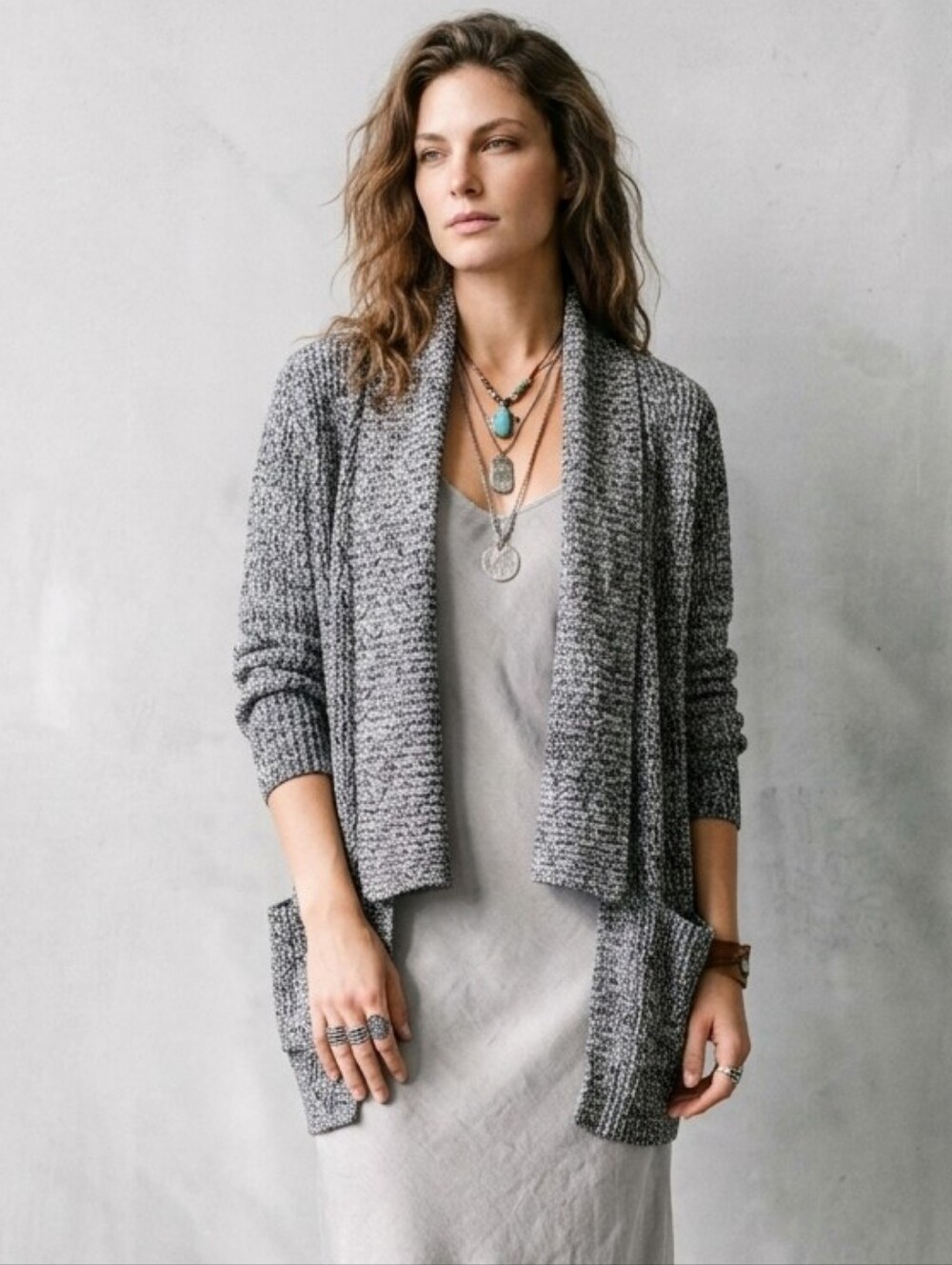 Chaps Black and White Marled Open-Front Cardigan